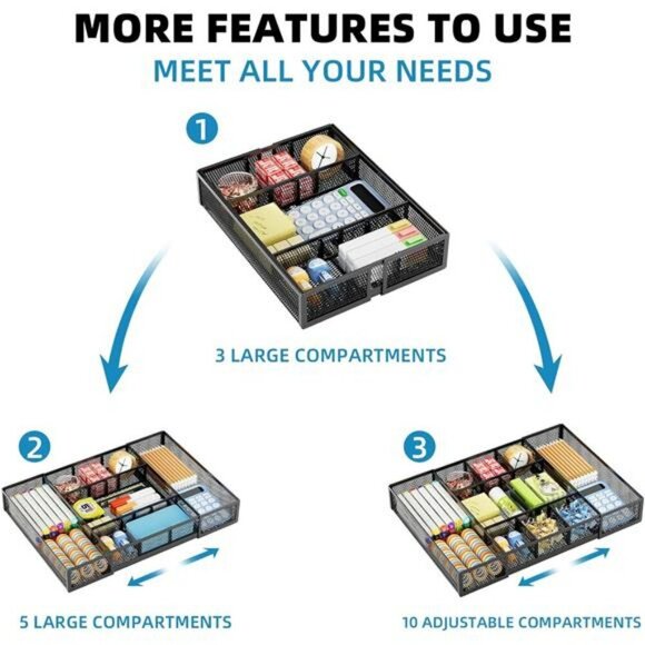 Expandable Mesh Desk Drawer Organizer Tray with Dividers for Office Makeup - Picture 5 of 8
